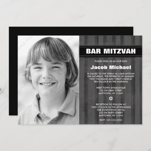 Graue schwarze Streifen Foto Bar Mitzvah Einladung (Vorne/Hinten)