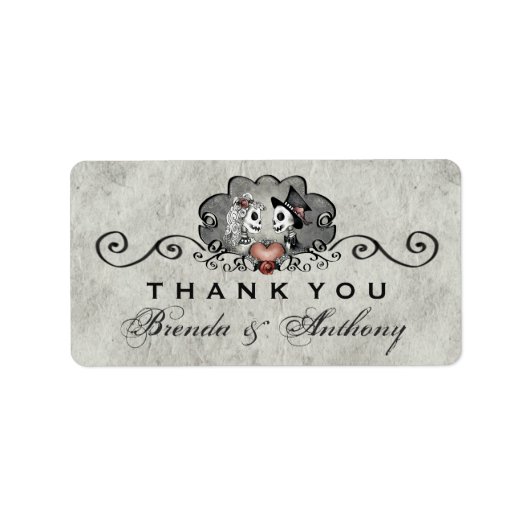 Graue schwarze und weiße Skelette Herz Vielen Dank Adressaufkleber (Vorne)