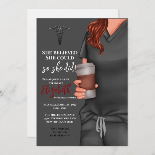 Graue Scrubs Nursing School Abschluss Einladung (Vorne/Hinten)