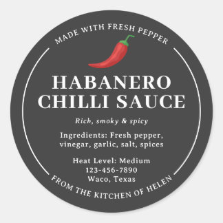 Graue selbstgemachte Habanero-Chili-Sauce-Glas-Eti Runder Aufkleber