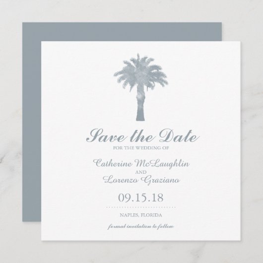 Graue Serene Palm Tree Wasserfarbe Save the Date (Vorne/Hinten)