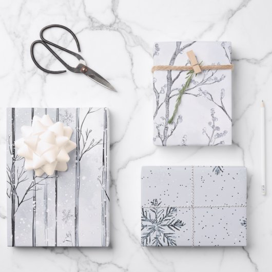 Graue Silber-Schneeflocken-Weihnachtsbäume Geschenkpapier Set (Vorderseite)