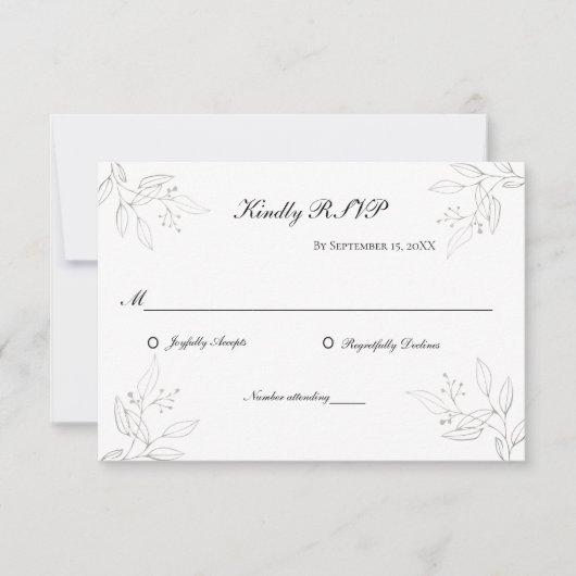 Graue Silberne Blätter Minimalistische Hochzeit RSVP Karte (Vorderseite)