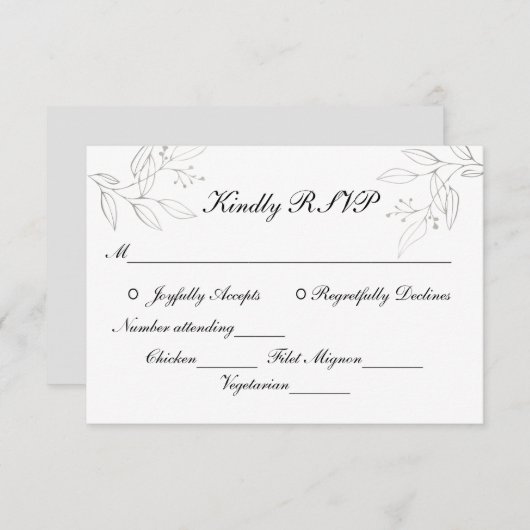 Graue Silberne Blätter Minimalistische Hochzeitinn RSVP Karte (Vorne/Hinten)