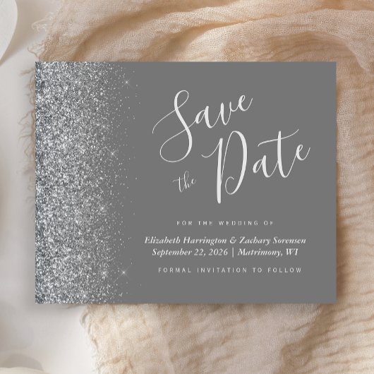 Graue Silberne Glitzer Hochzeit speichern Datum