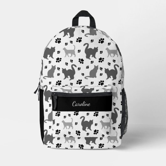 Graue Silhouette Cats Pawprints Muster Bedruckter Rucksack (Vorderseite)