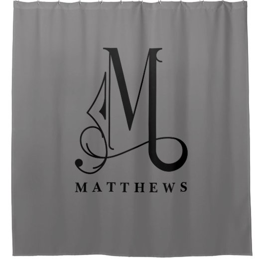 Graue Sophisikation mit elegantem Monogramm M Cust Duschvorhang (Vorderseite)