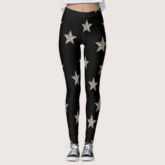 Graue Sternmuster auf schwarz Leggings (Vorderseite)