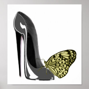 Graue Stiletto High Heel Shoe und Gelber Schmetter Poster