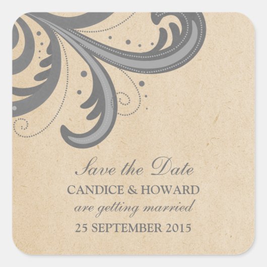 Graue stilvolle Swirls Save-the-Date-Aufkleber Quadratischer Aufkleber (Vorderseite)