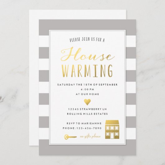 Graue Streifen - Gold Housewärming Party Einladung (Vorne/Hinten)