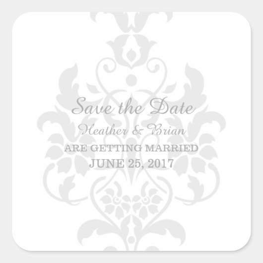 Graue, subtile Damask Save the Date Stickers (Vorderseite)