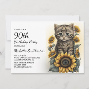 Graue Tabby-Kätzchen Katze Sonnenblumen 90. Geburt Einladung