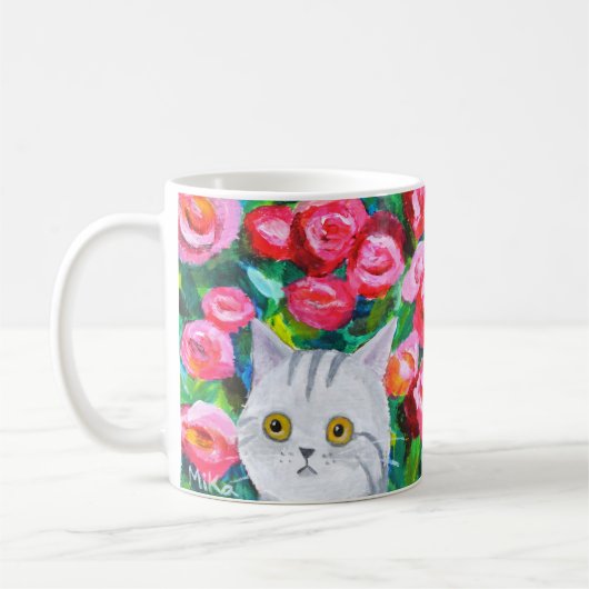 Graue Tablettenkatze mit Hübschen Blume Künstleris Kaffeetasse (Links)
