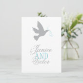 Graue Taube blaue Band formale Hochzeit RSVP Einladung (Stehend Vorderseite)