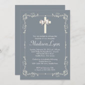 Graue Taufe| Christening Elegantes Kreuz Einladung (Vorne/Hinten)