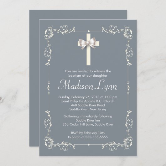 Graue Taufe| Christening Elegantes Kreuz Einladung (Vorne/Hinten)