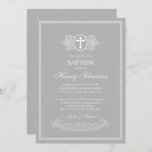 Graue Taufe Einladung (Vorne/Hinten)