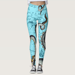 Graue Tentacles auf der Vintagen blauen Karte Leggings