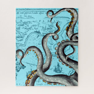 Graue Tentacles auf der Vintagen blauen Karte Puzzle
