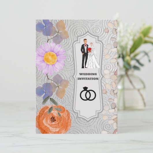 Graue Textur Floral Islamische Hochzeit Einladung (Stehend Vorderseite)