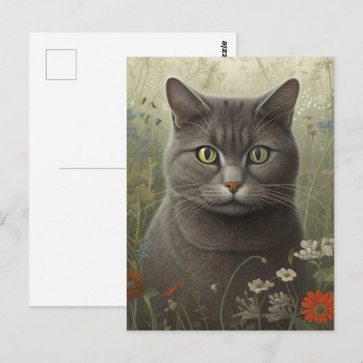 Graue Tom-Katze im Blumengarten Postkarte (Vorne/Hinten)