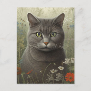 Graue Tom Katze in einem Blumengarten Postkarte
