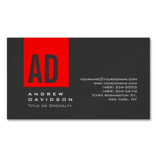Graue Trendy Red Strip Monogram Business Card Magnetische Visitenkarte (Vorderseite)