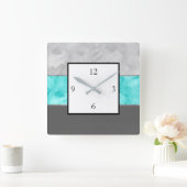 Graue Türkis-Block-Streifen Quadratische Wanduhr (Zuhause)
