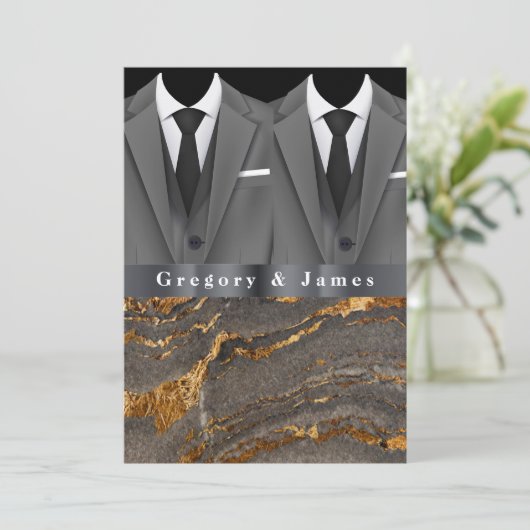 Graue Tuxedos weißes Taschentuch Gold Schwarzer Ma Einladung (Stehend Vorderseite)