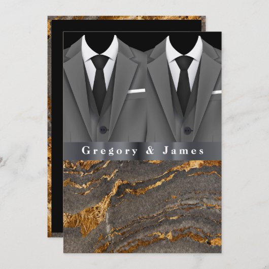 Graue Tuxedos weißes Taschentuch Gold Schwarzer Ma Einladung (Vorne/Hinten)