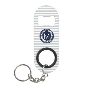 Graue u. weiße Streifen mit Marine-Monogramm Schlüsselanhänger Flaschenöffner