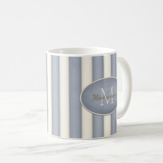 Graue und antike weiße Streifen Oval Gerahmte Mono Kaffeetasse (VorderseiteRechts)