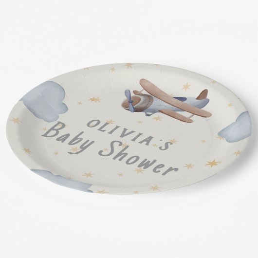 Graue und beige Wasserfarbendusche Pappteller (Schrägansicht)