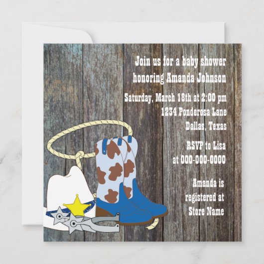 Graue und blaue Barn Wood Cowboy Baby Dusche Einladung (Rückseite)
