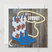 Graue und blaue Barn Wood Cowboy Baby Dusche Einladung (Vorderseite)