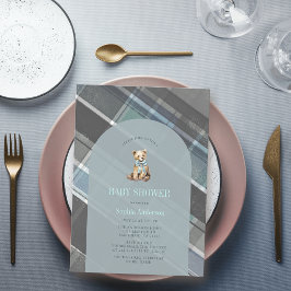 Graue und blaue Kariert Teddy Bärenjunge Babydusch Einladung