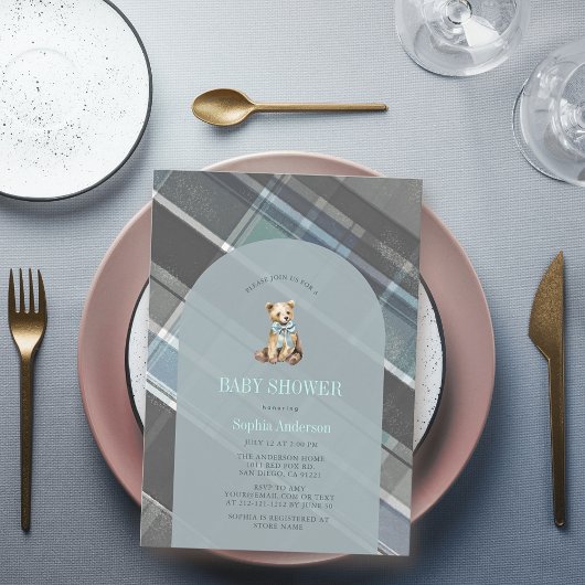 Graue und blaue Kariert Teddy Bärenjunge Babydusch Einladung