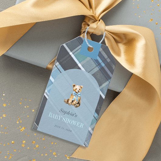 Graue und blaue Karierte Teddy Bear Bow Babydusche Geschenkanhänger