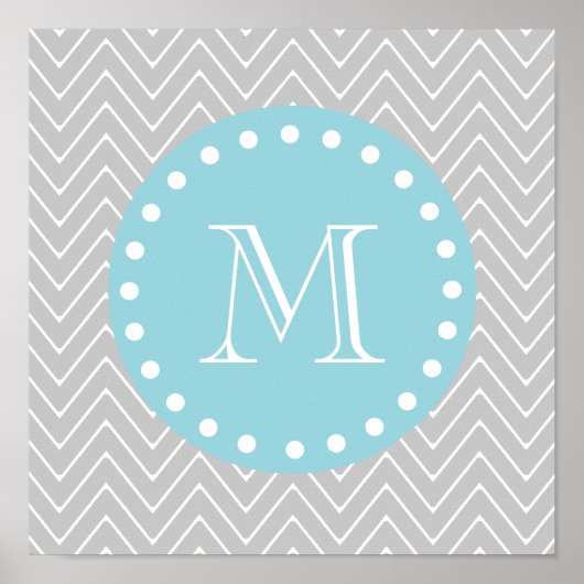 Graue und blaue moderne Zickzack Monogramm Poster (Vorne)