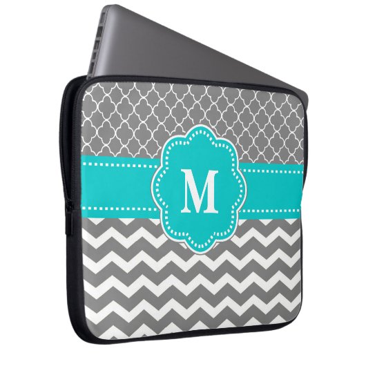 Graue und blaue Zickzack Monogramm-Laptop-Hülse Laptopschutzhülle (Vorne Rechts)