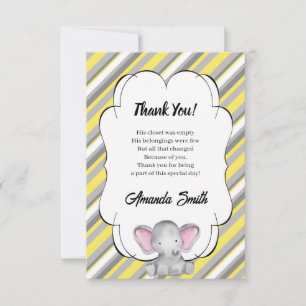Graue und gelb gestreifte Elephant Baby Dusche Dankeskarte