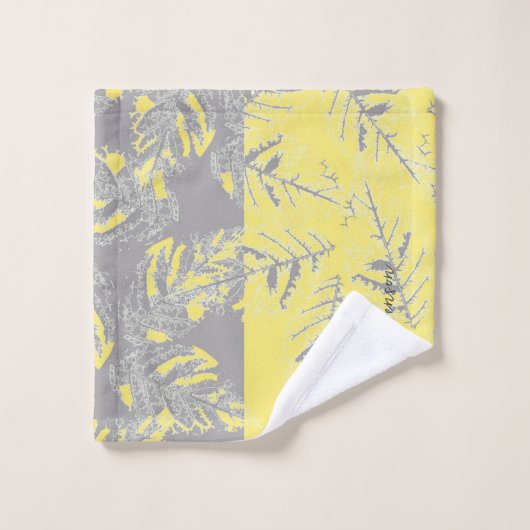 Graue und gelbe Blätter auf gestreiftem Hintergrun Badhandtuch Set (Waschlappen)