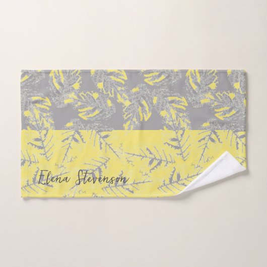 Graue und gelbe Blätter auf gestreiftem Hintergrun Badhandtuch Set (Handtuch)