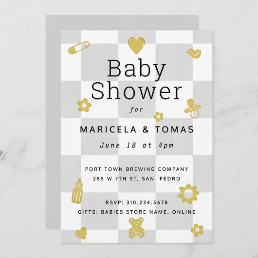 Graue und gelbe Schachbrett Kinderdusche Einladung (Vorne/Hinten)