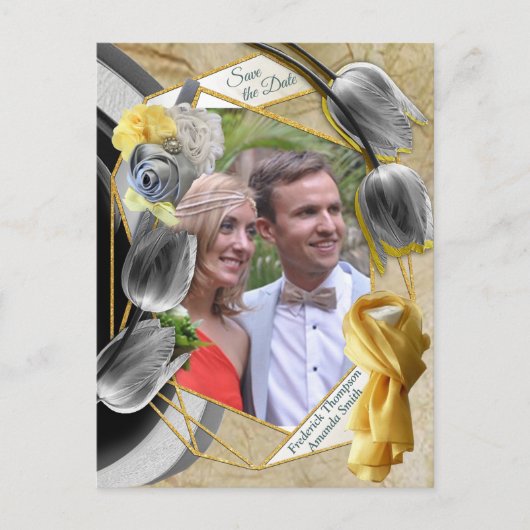 Graue und gelbe Tulpen auf Textur. Ankündigungspostkarte (Vorderseite)