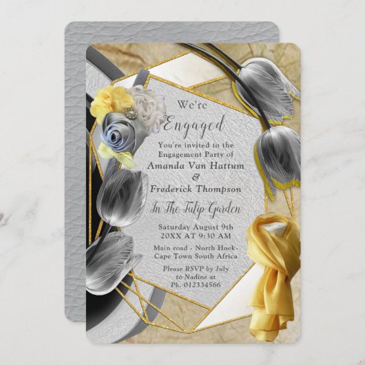 Graue und gelbe Tulpen auf Textur. Einladung (Vorne/Hinten)