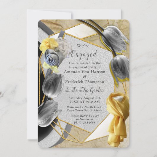 Graue und gelbe Tulpen auf Textur. Einladung (Vorderseite)