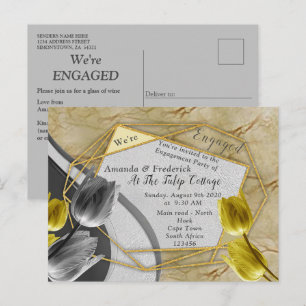 Graue und gelbe Tulpen auf Textur. Einladungspostkarte