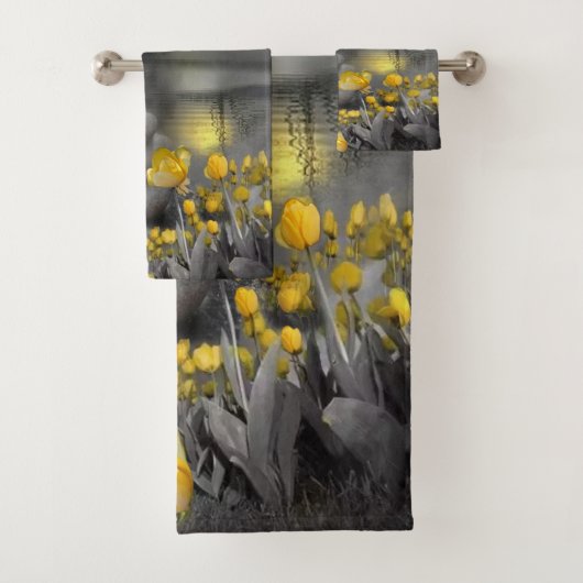 Graue und gelbe Tulpen, Gänse mit Sonnenuntergang Badhandtuch Set (Insitu)